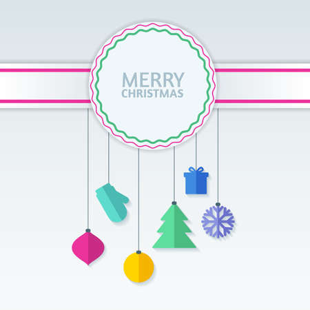 Abstract colorful vector baubles on badge. Christmas or New Year background. Concept for greeting card, invitation.のイラスト素材