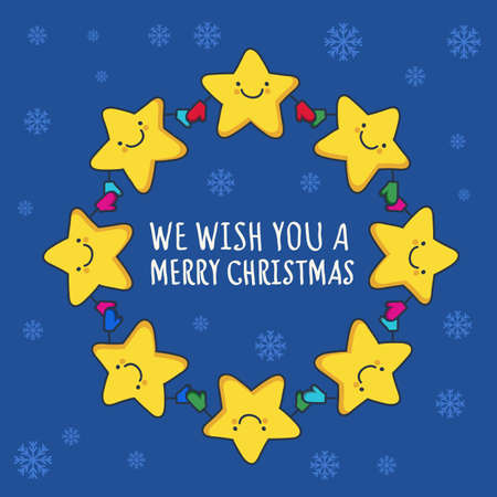 Funny sketching star in hat and mittens. New Year and Christmas greeting card. Vector illustration. Frame with place for text.のイラスト素材