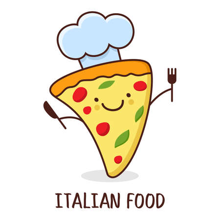 Cute cartoon smiling piece of pizza. Vector illustration. Concept for italian restaurant, food delivery, menu, fast food.のイラスト素材