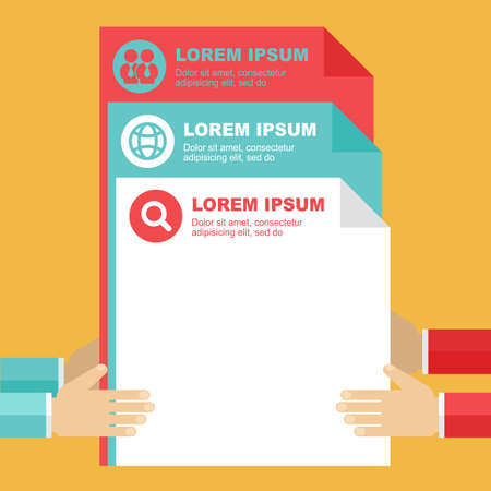 Document files in hands, isolated background. Flat design modern vector illustration. Business concept, infographic elements template.のイラスト素材