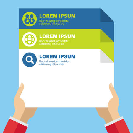 Document files in hands, isolated background. Flat design modern vector illustration. Business concept, infographic elements template.のイラスト素材