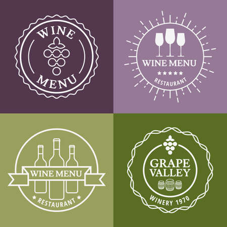 Set of wine signs, badges and labels. Vector line illustration. Concept for bar menu, party, alcohol drinks, celebration holidays, winery, restaurant.のイラスト素材