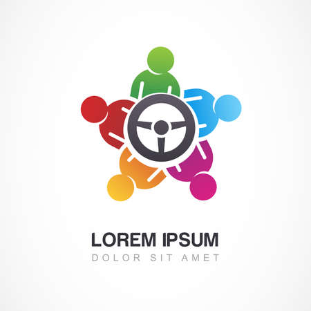 Vector  design template. Colorful people and steering wheel. Driver icon, social network concept.のイラスト素材