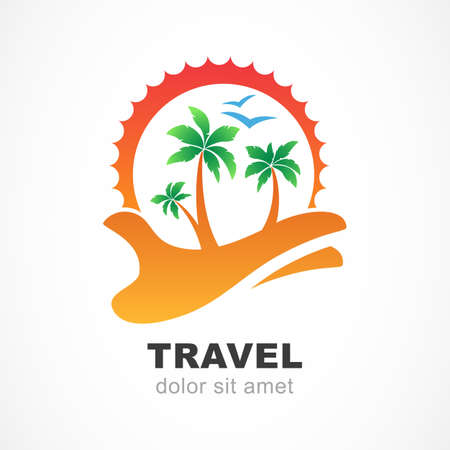 Green palm tree and sun on hand. Abstract design concept for travel agency, tropical resort, beach hotel, spa. Summer vacation symbol. Vector logo design template.のイラスト素材