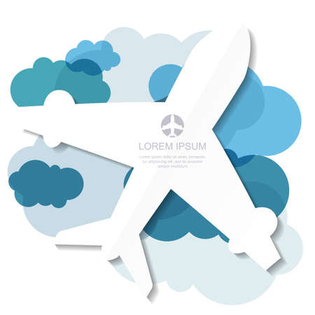 Flight airplane silhouette and blue clouds background. Vector illustration, modern template design with place for text. Travel around the world concept.のイラスト素材