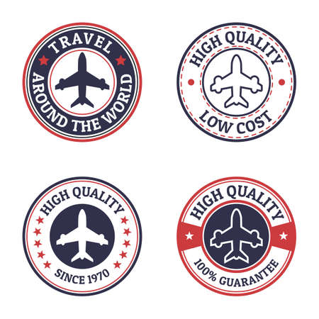Set of vintage style flight label. Vector logo design template. Concept for airplane travel.のイラスト素材