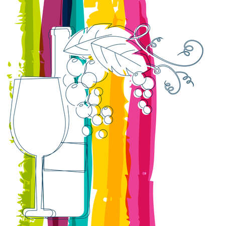 Wine bottle, glass, branch of grape with leaves and rainbow stripes watercolor background with place for text. Abstract vector background. Concept for wine list, menu, flyer, party, alcohol drinks.のイラスト素材