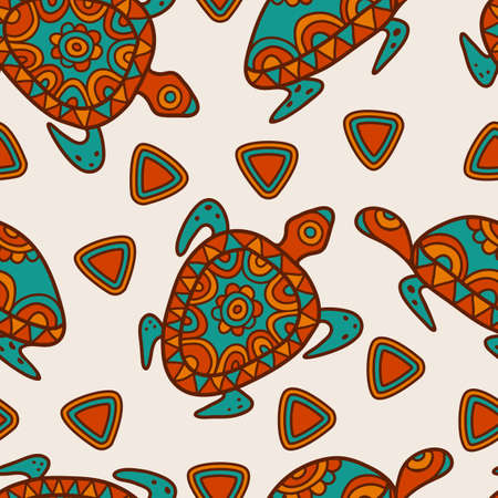 Hand drawn tribal blue and orange background. Vector seamless ethnic pattern with multicolor ornamental turtles.のイラスト素材