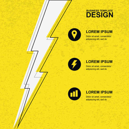 Abstract yellow grunge texture background with black, white lightning and icons. Concept for brochure cover, flyer, poster, business template, energy and electricity theme.のイラスト素材