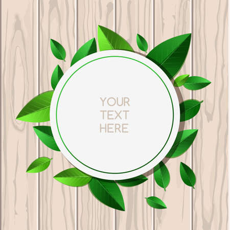 Natural wooden texture background and round green leaf frame with place for text. Vector spring and summer illustration.のイラスト素材