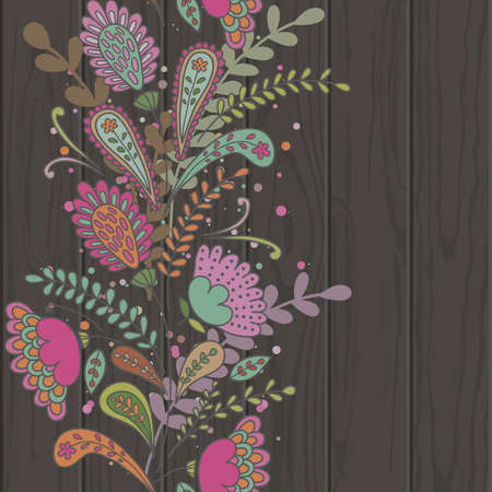 Hand-drawn doodle floral pattern, abstract leaves and flowers on black wooden texture background. Vector illustration.のイラスト素材