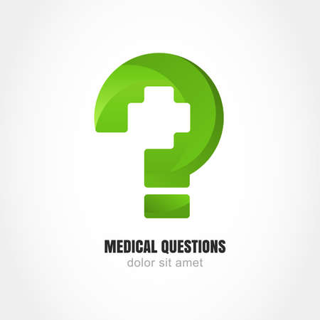Green question mark with medic cross symbol. Vector logo design template. Modern concept for medical question web site, clinic, healthy life, pharmacy, online help service.のイラスト素材