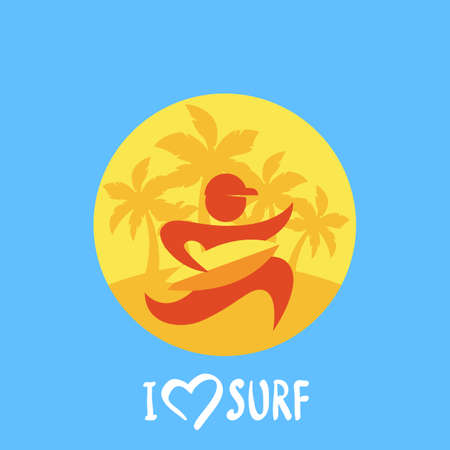 Vector flat illustration of running man with yellow surf board on palm tree beach background. Abstract circle logo design template.のイラスト素材