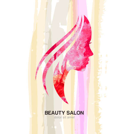 Beautiful woman, profile face on pastel stripes watercolor background with place for text. Abstract vector illustration. Concept for beauty salon, cosmetic and spa, international women day.のイラスト素材