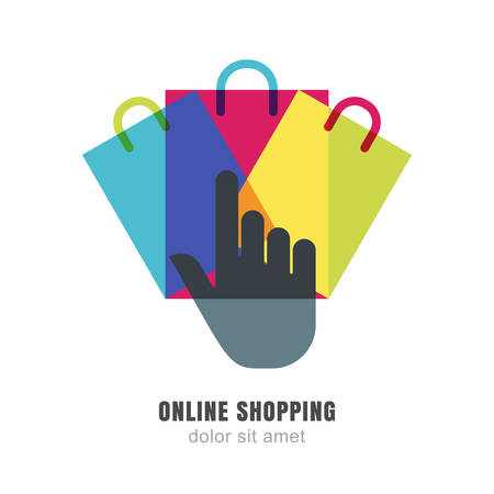 Vector logo design template. Hand pointer symbol and three multicolor shopping bags. Abstract background concept for online store.のイラスト素材