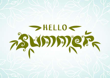 Abstract summer typographic background, nature organic style letters from plants and leaves. Colorful greeting card. Creative flat design.のイラスト素材