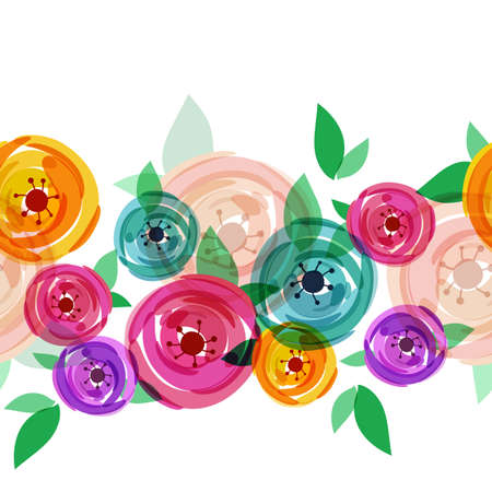 Vector seamless summer background with abstract multicolor rose flowers. Floral illustration with place for text. Concept for greeting birthday card, wedding invitation, international women day.のイラスト素材