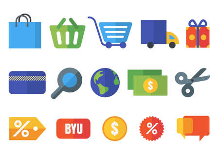 Set of vector flat shopping icons. Design concept for online shopping, e-commerce, store, customer service, delivery.のイラスト素材