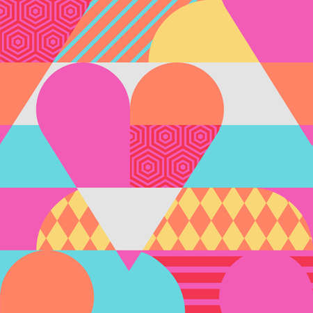 Vector creative romantic seamless pattern with multicolor heart. Abstract flat geometric background in yellow blue and pink colors.のイラスト素材