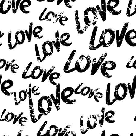 Vector seamless pattern with hand drawn word love isolated on white background. Abstract grunge texture typographic and calligraphic print.のイラスト素材