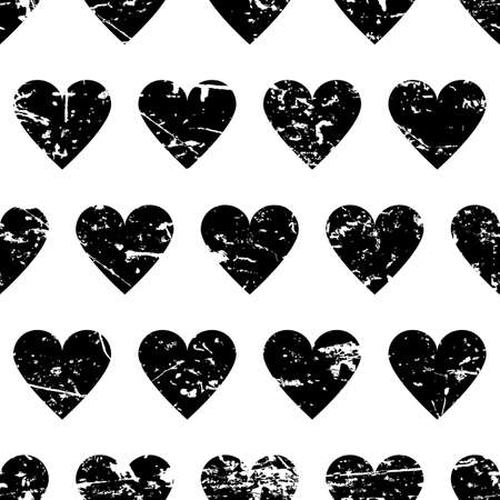 Hand drawn vector seamless pattern with black hearts isolated on white background. Abstract grunge texture.のイラスト素材