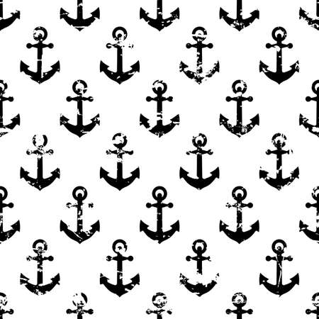 Hand drawn vector seamless pattern with black anchor isolated on white background. Abstract sea theme grunge texture.のイラスト素材