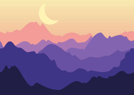 Vector night landscape, purple mountains and moon on sky. Nature seamless background.のイラスト素材