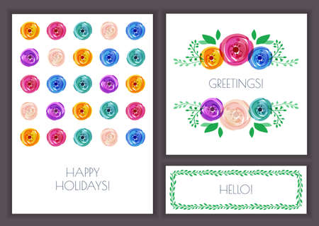 Set of vector floral greeting cards. Rose flower pattern and green leaves frame. Summer or spring background illustration. Concept for wedding invitation, birthday, flyer, poster design.のイラスト素材
