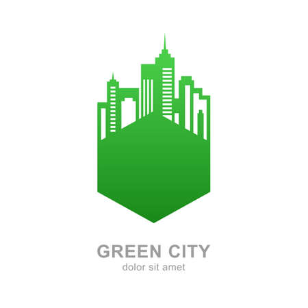 City buildings silhouette. Vector green logo design template. Abstract concept for real estate agency, building company, urban landscape, city life.のイラスト素材