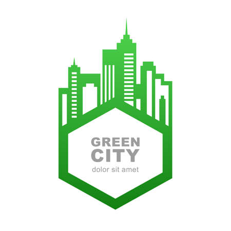 City buildings silhouette. Vector logo design template. Green frame for text. Abstract concept for real estate agency, building company, urban landscape, city life.のイラスト素材
