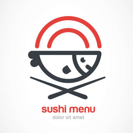 Fish, plate, chopsticks line illustration. Japanese cuisine vector logo design template. Abstract concept for sea food restaurant, sushi menu, bar, delivery of asian food.のイラスト素材