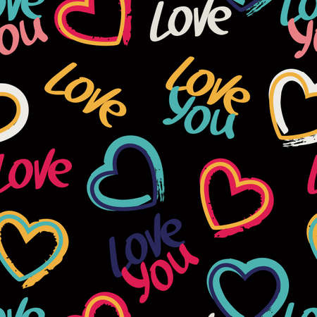 Vector seamless pattern with hand drawn words love you and multicolor hearts on black background. Abstract grunge texture, typographic and calligraphic print.のイラスト素材