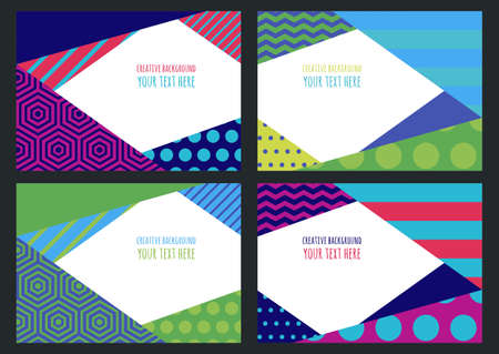 Set of abstract vector flat creative background. Multicolor color blocking frame with geometric pattern. Concept for flyer, invitation, greeting card, poster  with place for text.のイラスト素材