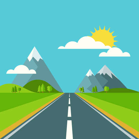Vector summer or spring landscape background. Road in green valley, mountains, hills, clouds and sun on the sky. Flat design nature illustration.のイラスト素材