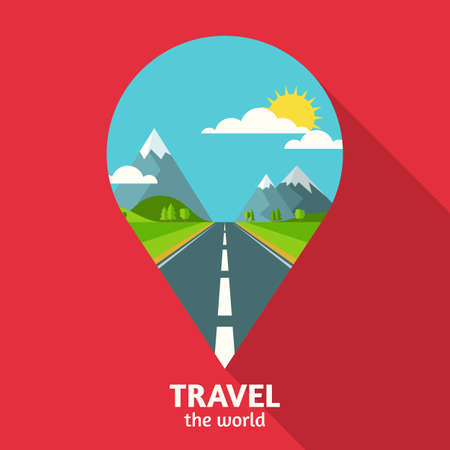 Vector summer or spring landscape background. Road in green valley, mountains, hills, clouds and sun on the sky in waypoint symbol shape. Travel flat design with place for text.のイラスト素材