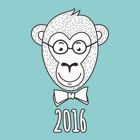 hand drawn portrait of geek monkey. 2016 Happy New Year greeting card. T-shirt print design illustration.のイラスト素材