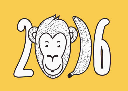 2016 Happy New Year vector creative greeting card. Hand drawn smiling monkey face and banana figures. T-shirt print design illustration.のイラスト素材