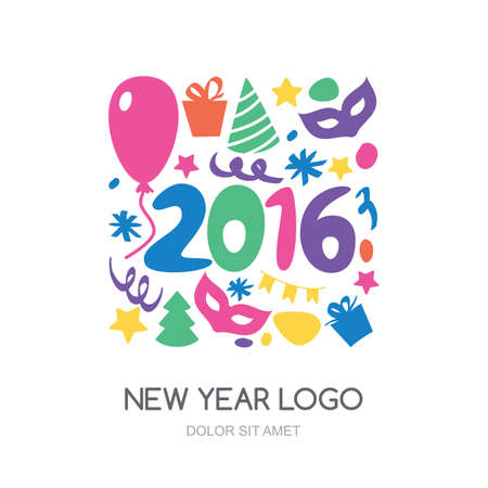 Multicolor hand drawn New Year 2016 logo. Vector icons set. Gift, balloon, mask,  Christmas tree, confetti symbols. Abstract holiday background.のイラスト素材