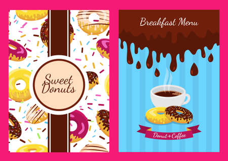 Set of vector background and seamless pattern with donuts. Abstract concept for cafe, restaurant, breakfast menu, desserts, bakery. Flyer, poster, banner, packaging design. Food flat illustration.のイラスト素材