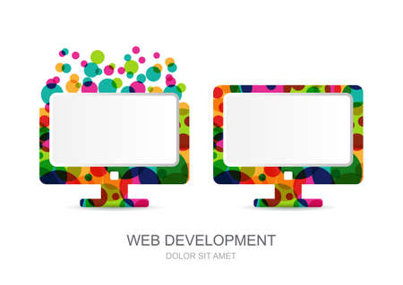 Vector computer monitor icon built from colorful circles. Abstract logo template. Concept for mobile app development, web design, internet technology.のイラスト素材