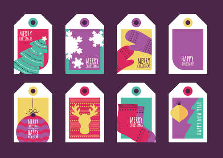Set of vector holiday gift tags. Happy New Year and Merry Christmas greeting cards. Hand drawn flat illustration of fir tree, deer, socks, champagne, snowflake, mittens, toys.のイラスト素材