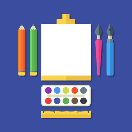 Creative flat illustration of tools, art supplies for design, drawing, painting. Vector icon set of pen, pencil, brush, paints, ruler, White sheet of paper on easel. Concept for stationery, school.のイラスト素材
