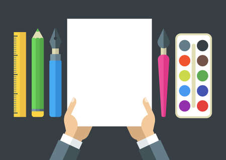 Creative flat illustration of tools and art supplies for design, drawing, painting. Vector icon set of pen, pencil, brush, paints, ruler. Mens hand holding white blank sheet of paper.のイラスト素材