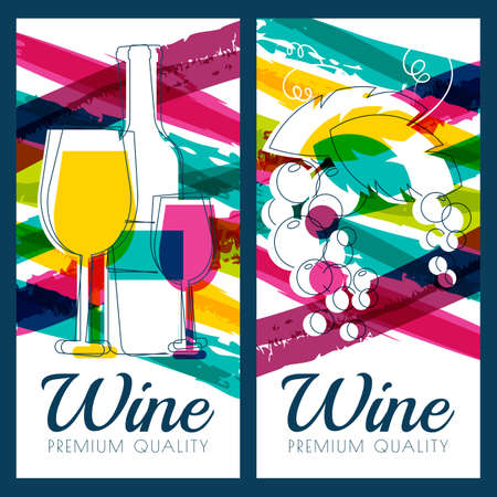 Vector illustration of wine bottle, glass, branch of grape and colorful watercolor stripes background. Concept for wine list, label, banner, menu, flyer, brochure design template.のイラスト素材