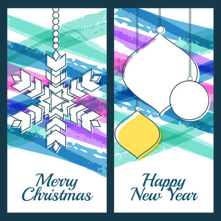 Vector illustration of snowflake, fir tree toys, baubles and blue watercolor stripes background. Design for Christmas, New Year greeting card, invitation, label, banner, flyer, poster template.のイラスト素材