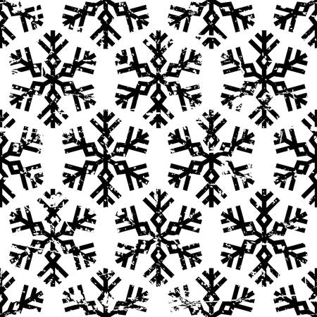 Hand drawn vector seamless pattern with black snowflakes isolated on white background. Abstract grunge texture.のイラスト素材