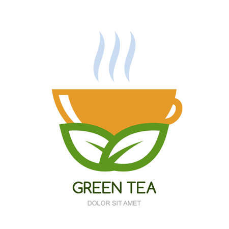 Abstract vector logo design template. Green hot tea in orange cup, natural herbal drink. Concept for bar menu, tea shop, cafe, organic product.のイラスト素材