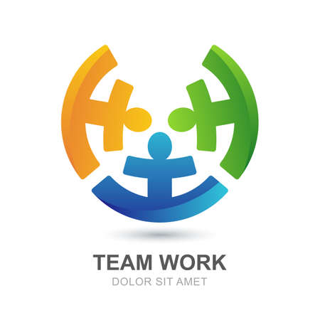 Abstract multicolor people silhouette in circle shape. Vector looped creative logo design template. Concept for social network, team work, partnership, friends, business, motivation, playing kids.のイラスト素材