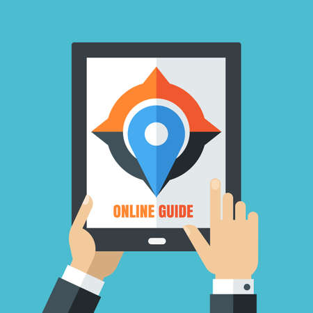 Mens hand holding tablet. Flat illustration of mobile phone, compass and waypoint map symbol. Concept for holidays, planning vacation, tourism, instruction, user online guide.のイラスト素材