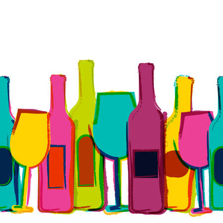 Vector watercolor seamless background, colorful wine bottles and glasses. Concept for bar menu, party, alcohol drinks, holidays, wine list, flyer, brochure, poster, banner. Creative trendy design.のイラスト素材